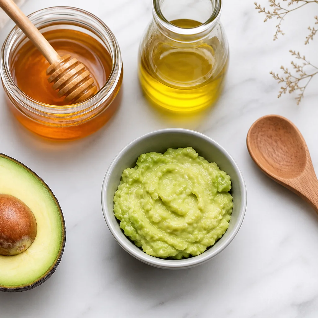 Kuru cilt avokado maskesi malzemeleri — avokado bal ve zeytinyağı