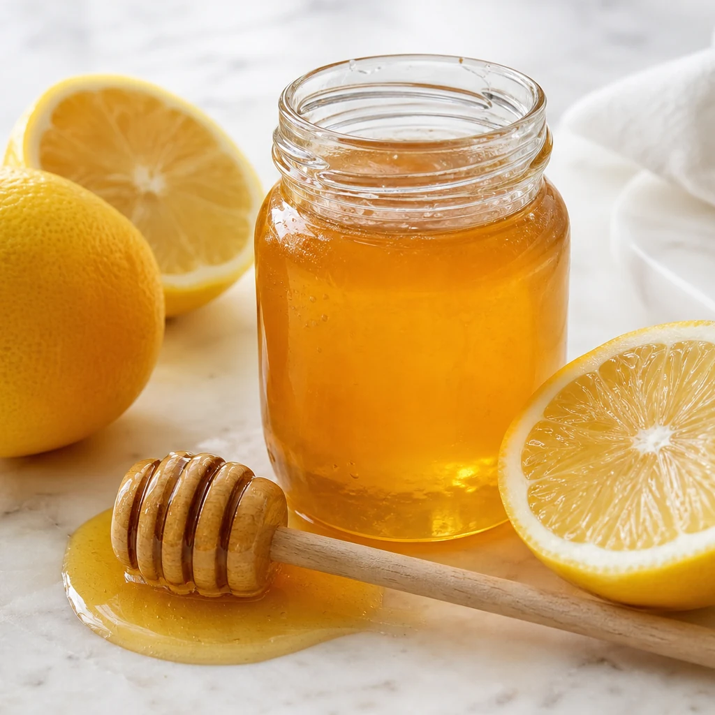 Bal ve limon yüz maskesi malzemeleri — taze limon ve çiğ bal