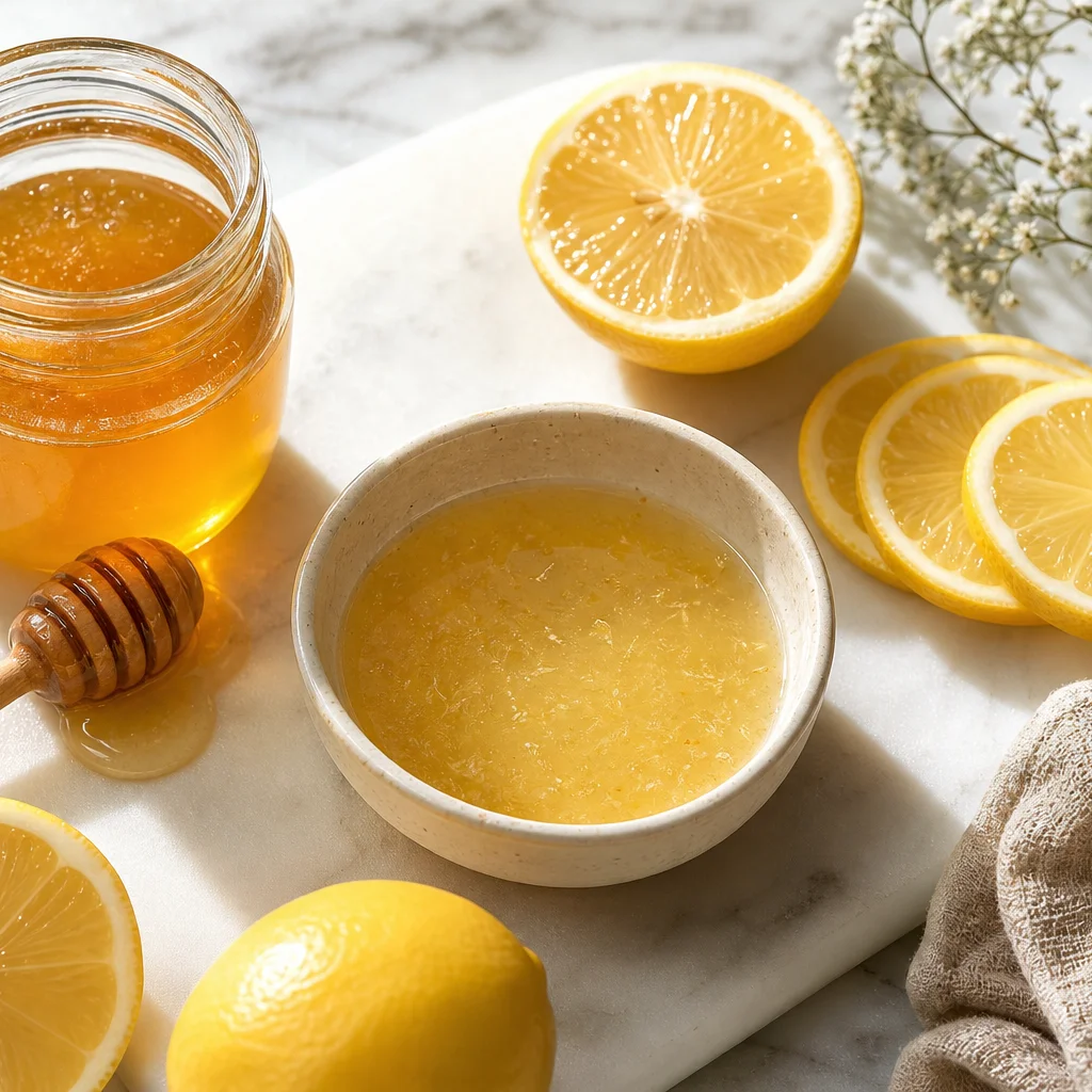Bal ve limon cilt beyazlatma maskesi malzemeleri — bal, limon ve yoğurt