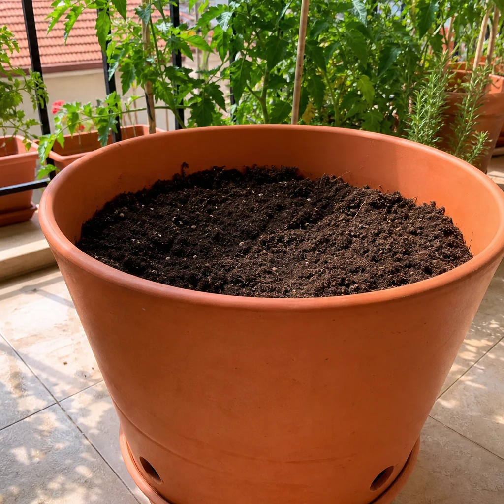 Saksıda domates yetiştirmek için drenaj delikli büyük terrakota saksı ve besleyici toprak karışımı