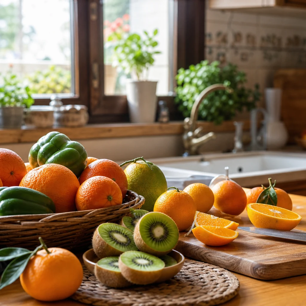 C vitamini açısından zengin portakal, mandalina, kivi ve yeşil biber — grip önleme beslenmesi