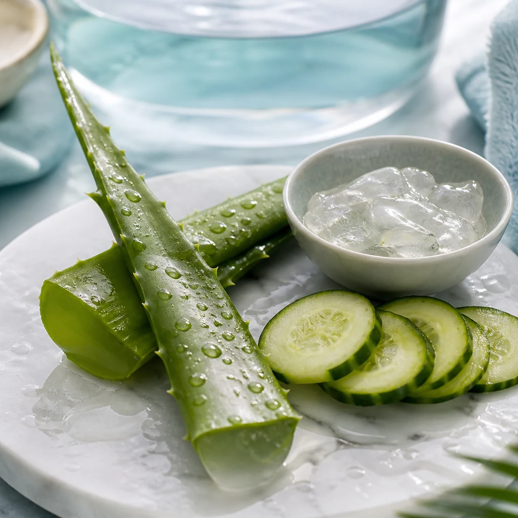 Aloe vera ve salatalık güneş sonrası serinletici yüz maskesi malzemeleri