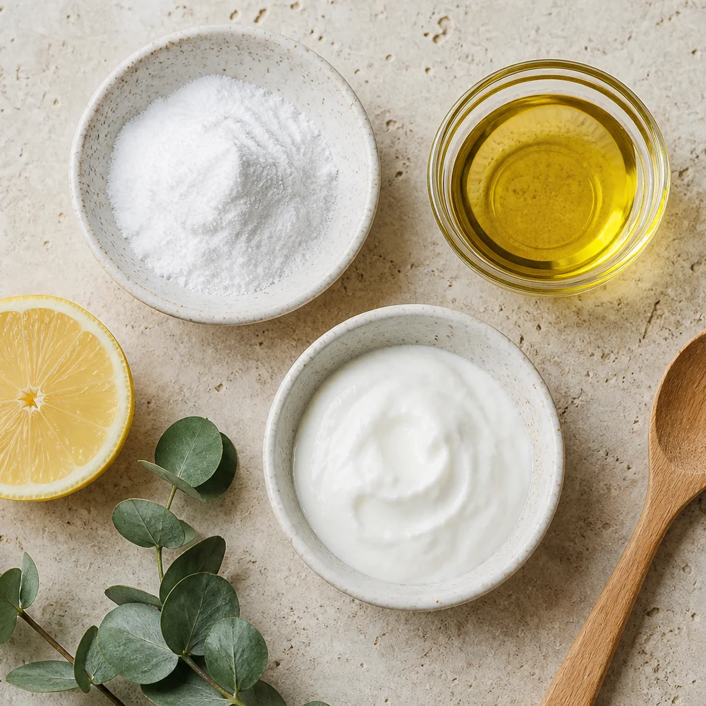 Karbonatlı yüz maskesi malzemeleri — karbonat zeytinyağı limon ve yoğurt