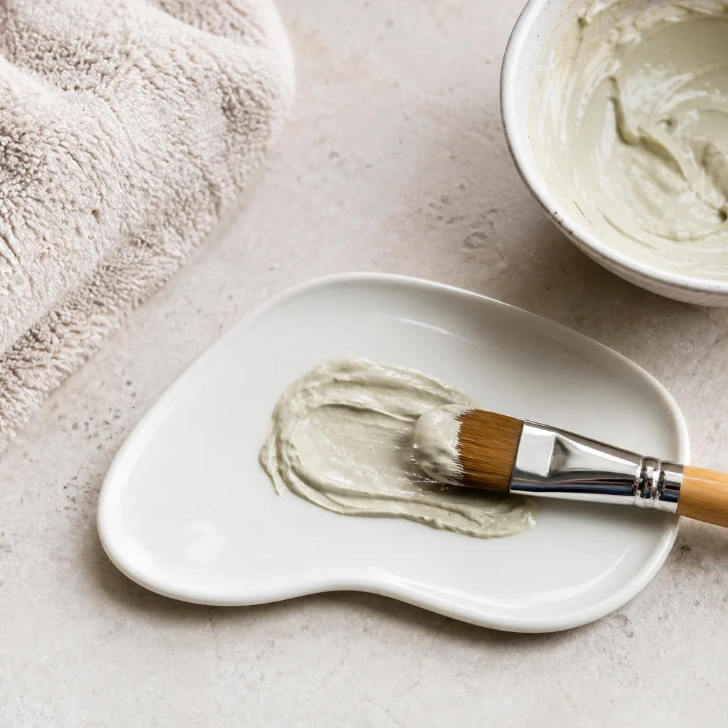 Karbonatlı yüz maskesi uygulama — fırça ve maske karışımı