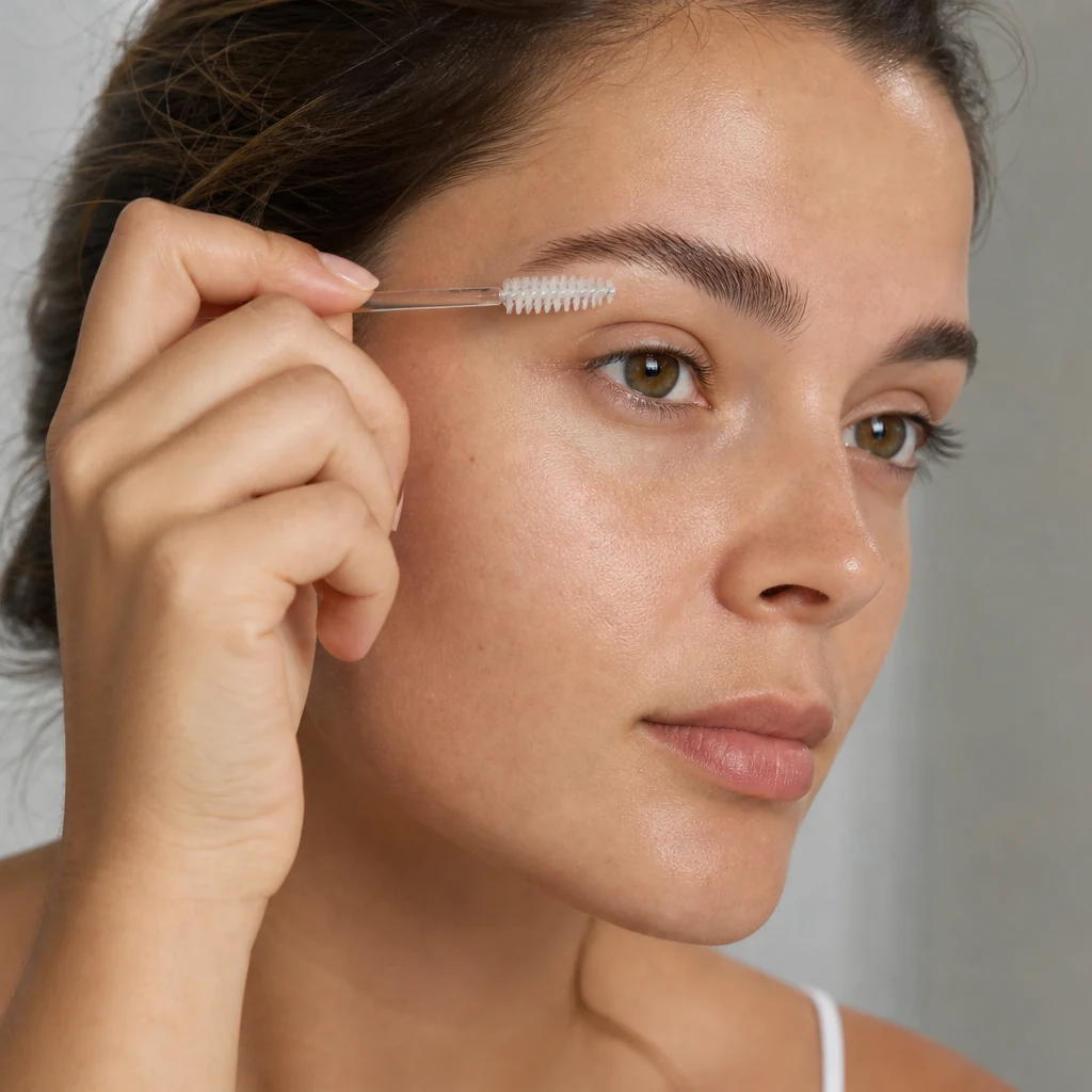 Kaşlara doğal serum uygulaması — temiz maskara fırçası ile bakım