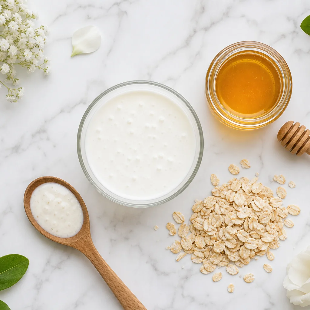 Kefir yüz maskesi malzemeleri — kefir bal ve yulaf