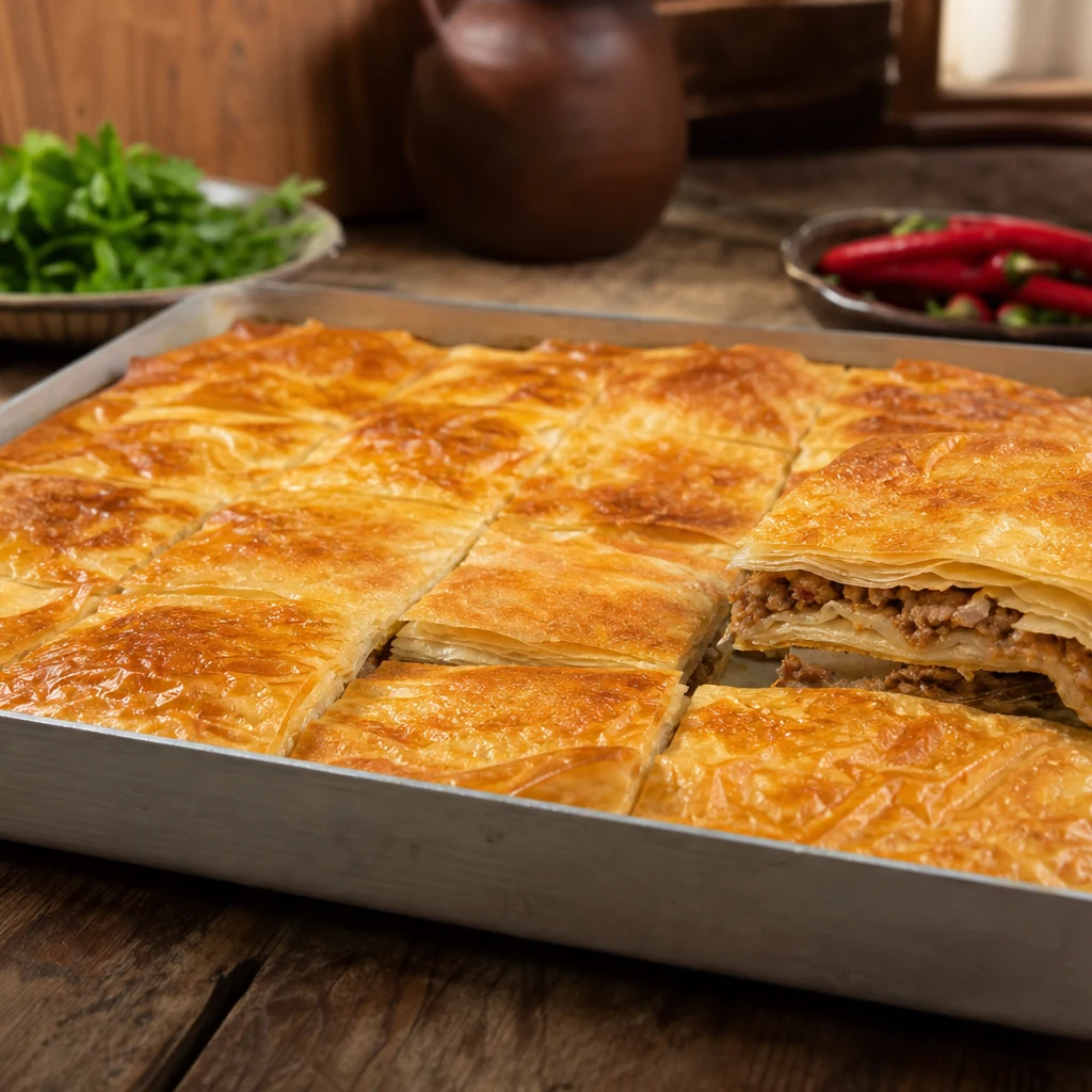 Mayalanmış yumuşak börek hamuru ve un serpilmiş mutfak tezgahı — kıymalı tepsi böreği hazırlığı