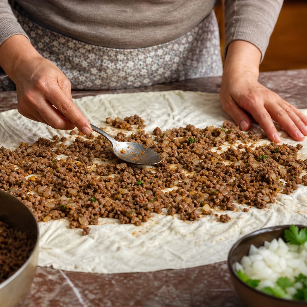 Tavada kavrulmuş kıymalı soğanlı börek iç harcı — kıymalı tepsi böreği malzemesi