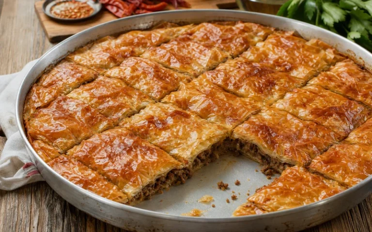 Altın rengi kıymalı tepsi böreği fırın tepsisinde — el açması lezzetinde börek tarifi manşet görseli