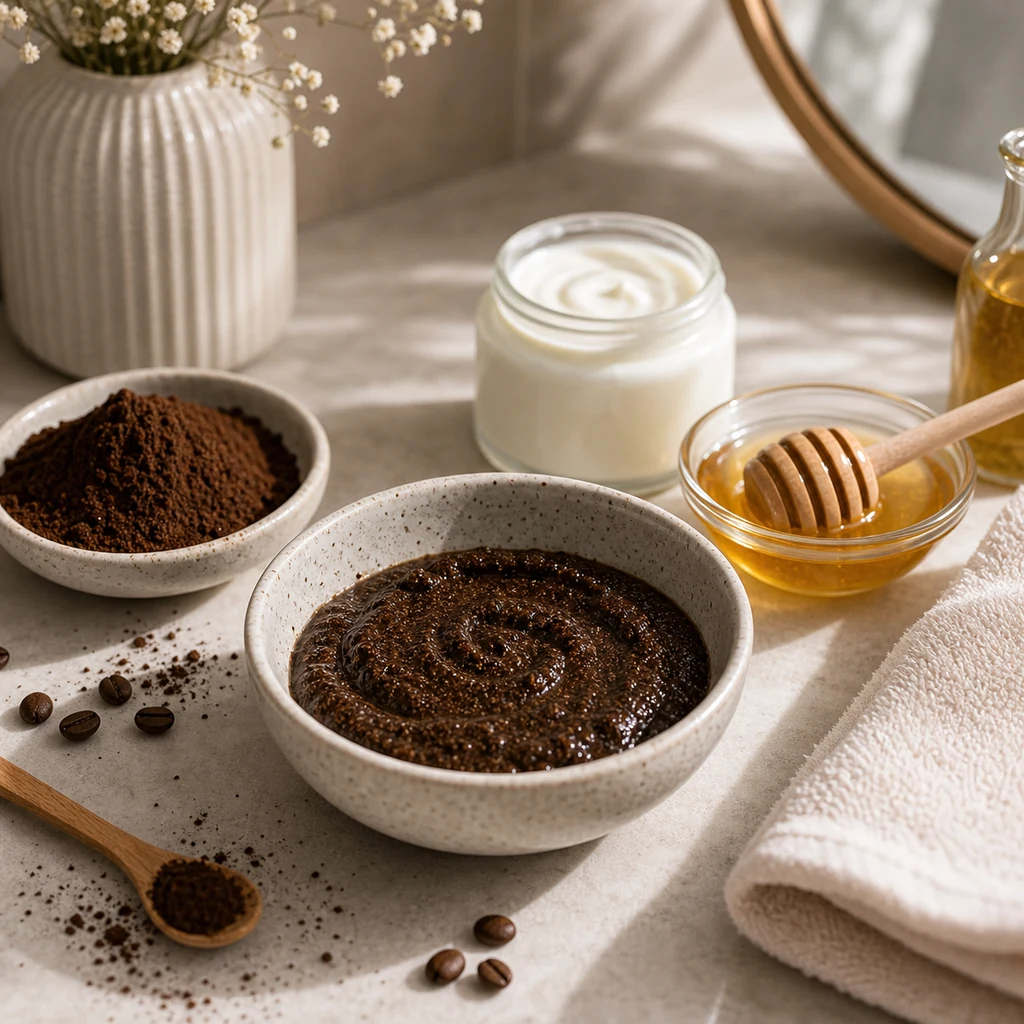 Türk kahvesi peeling maskesi için kahve ve bakım malzemeleri
