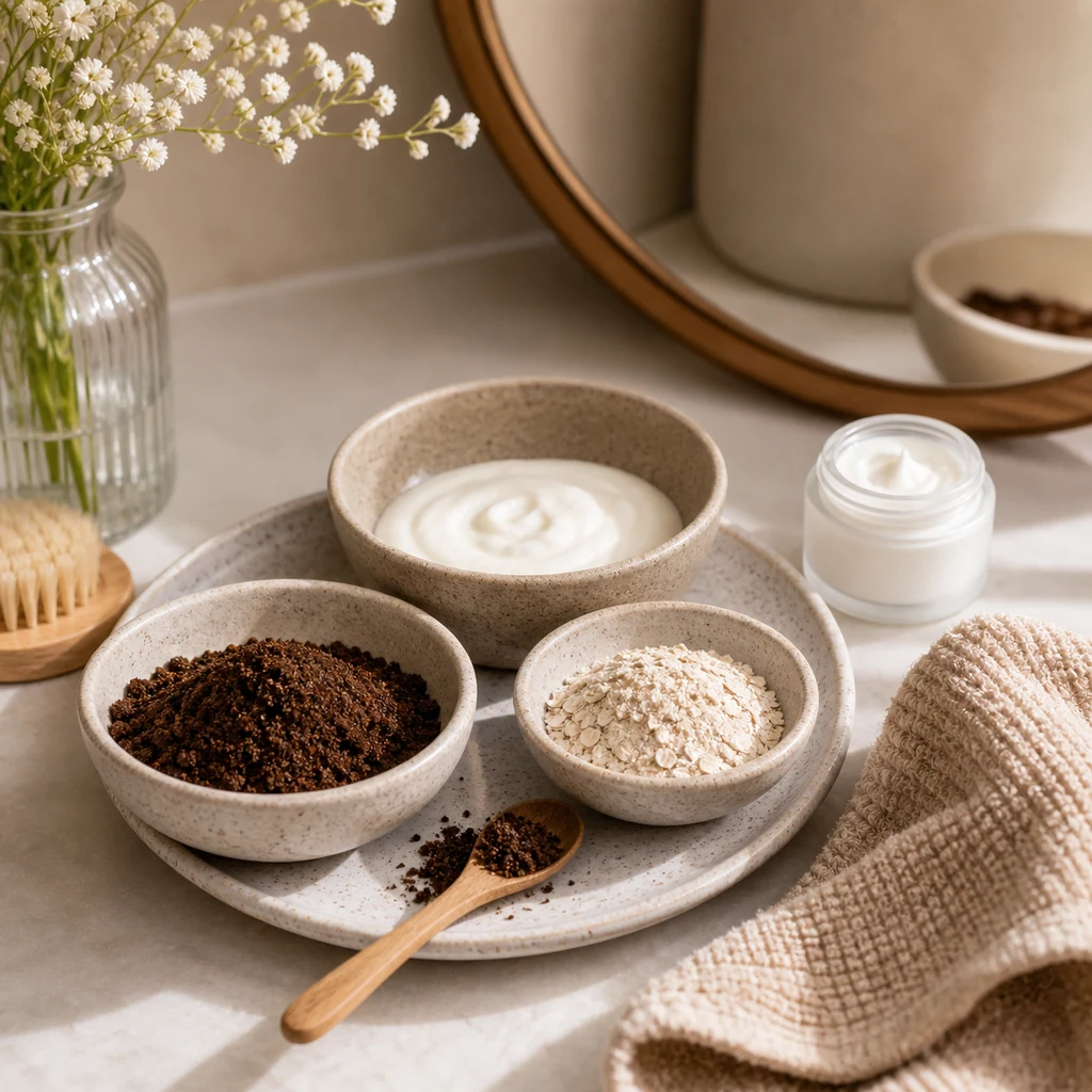 Kahve peeling maskesi için yoğurt ve yulaf destekli karışım