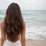 Kahverengi uzun dalgalı saç modeli arka görünüm beach wave