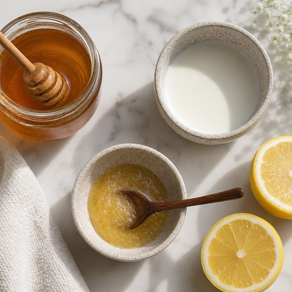 Yağlı cilt için limon bal maskesi malzemeleri — bal limon ve süt