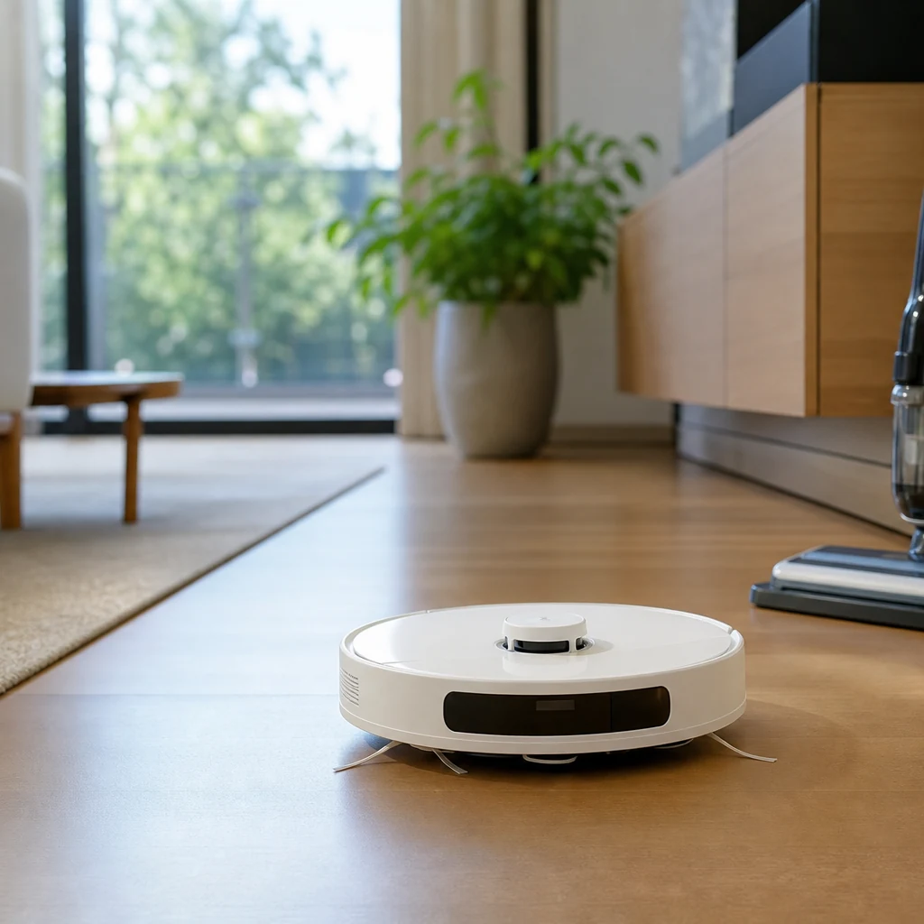 Modern oturma odasında çalışan robot süpürge ve kablosuz elektrikli süpürge