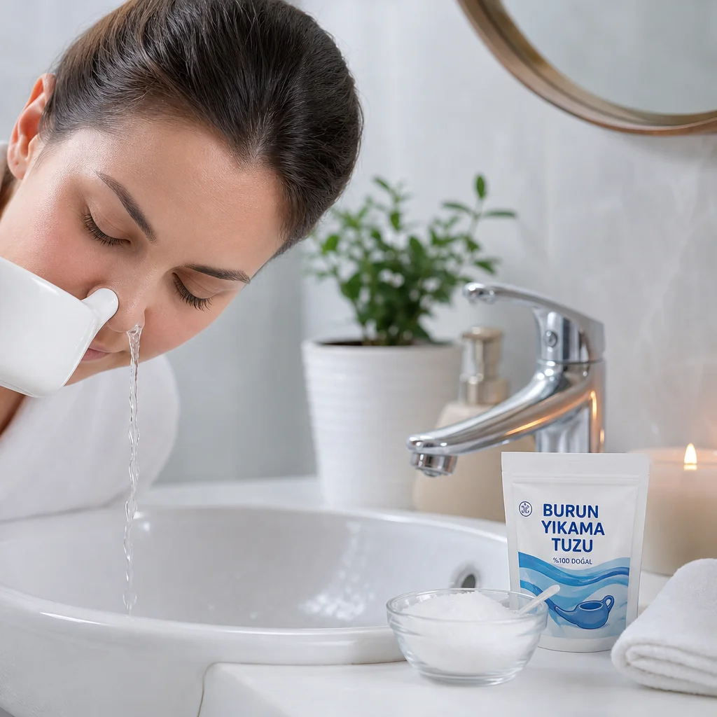Kadın burnuna serum fizyolojik sprey uygularken evde alerji rahatlama yöntemi uygulaması