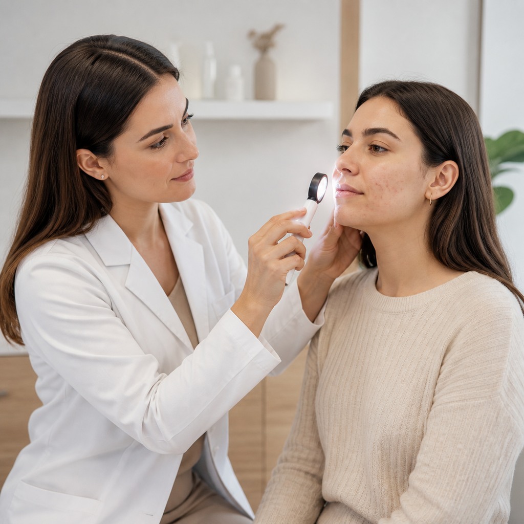Yetişkin hastanın cildini muayene ışığıyla inceleyen kadın dermatolog