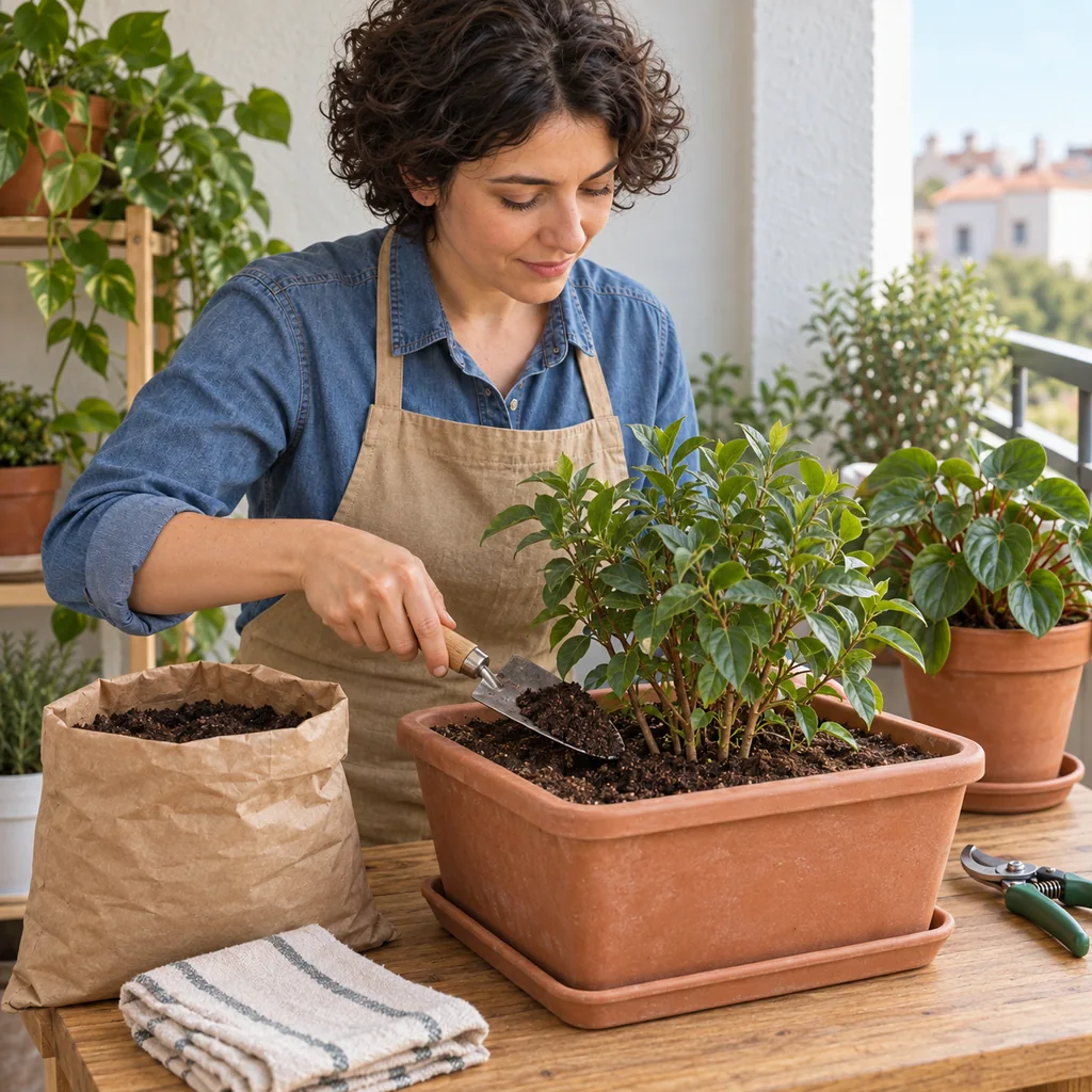 Olgun kompostu saksıdaki bitki gövdelerine değdirmeden yerleştiren bahçıvan