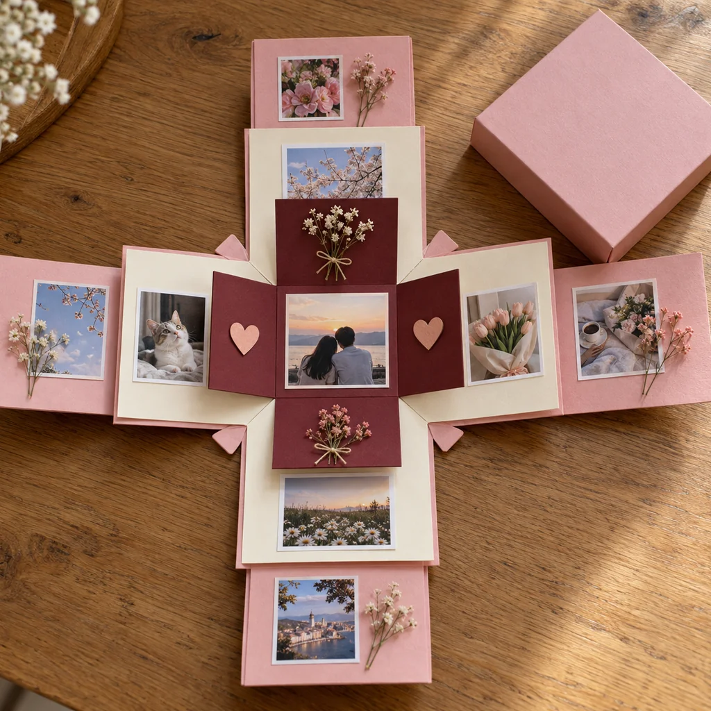 Kapak kaldırılınca açılan pembe, krem ve bordo fotoğraflı katlar