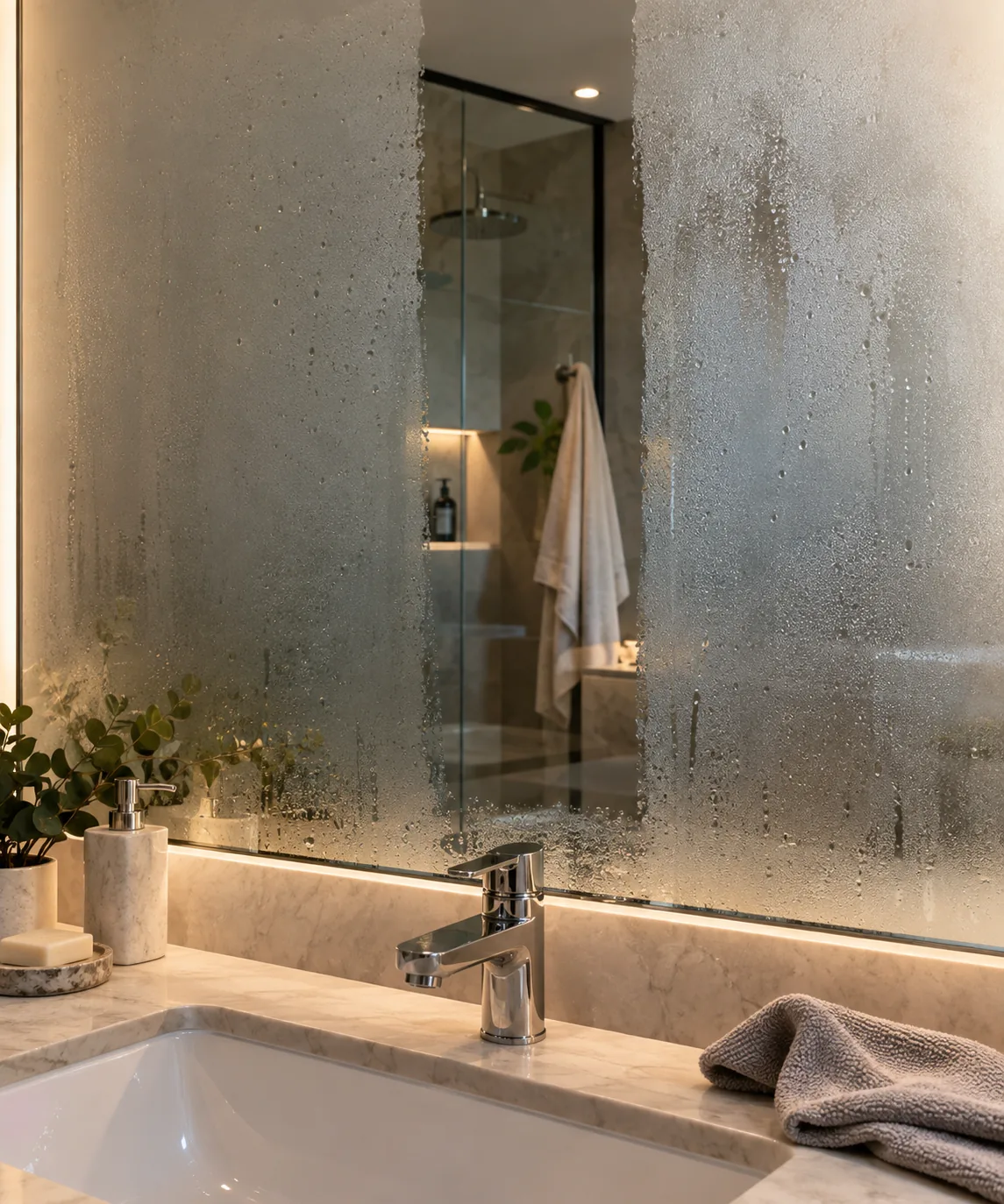 Buğulu banyo aynasında temizlenmiş şerit ve lavabo kenarında mikrofiber bez