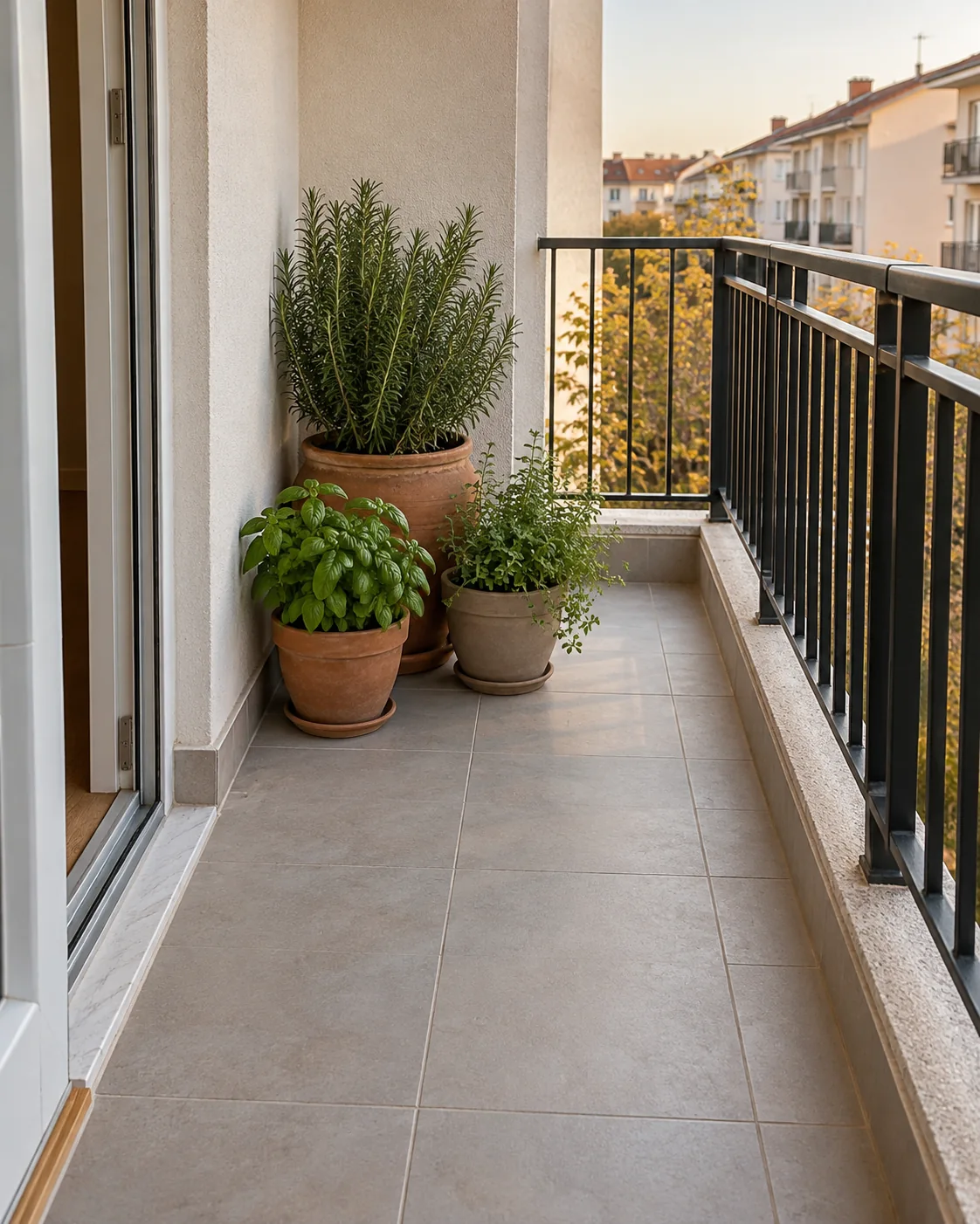 Balkon iç duvarında alçak ve yüksek saksıların güvenli gruplandırılması