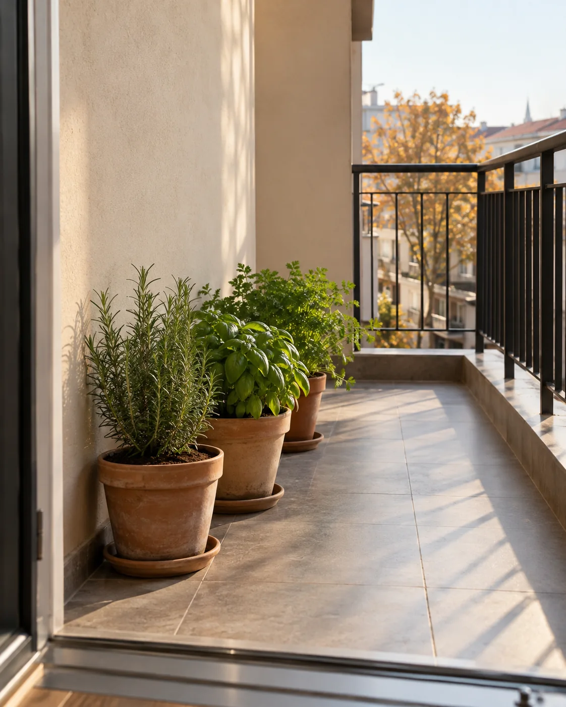 Balkon korkuluğundan uzakta iç duvar önünde duran saksılar