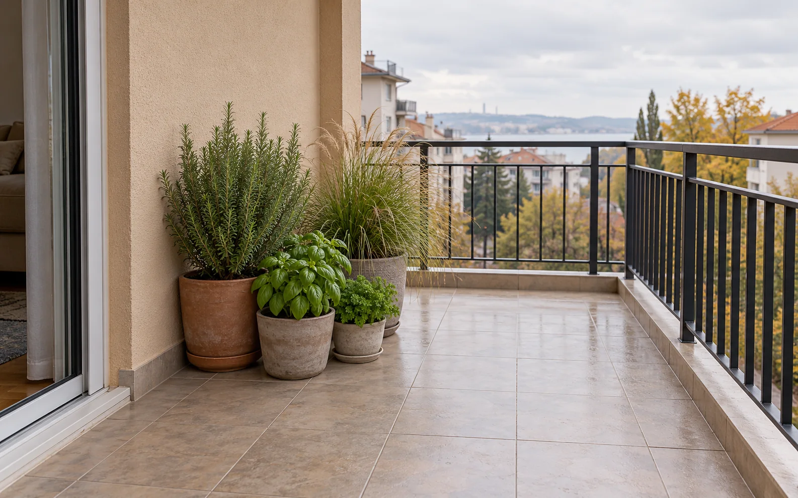 Balkon iç duvarı yanında güvenli biçimde duran dört saksı