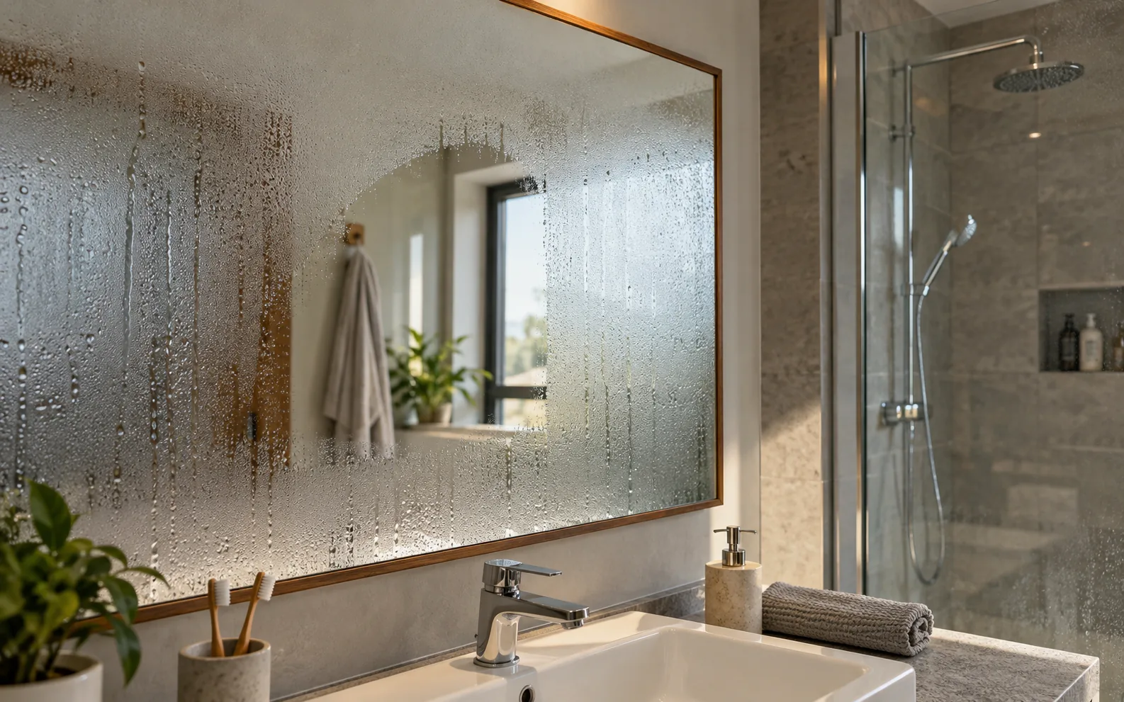 Duş sonrası buğulanmış banyo aynasında temizlenmiş bir alan
