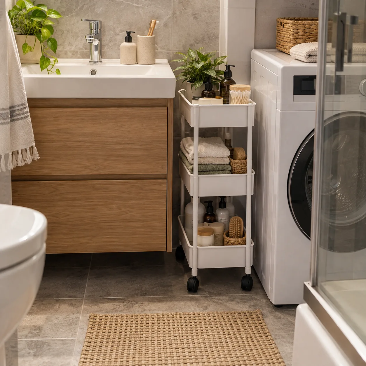Lavabo ve çamaşır makinesi arasındaki dar boşlukta tekerlekli raf arabası