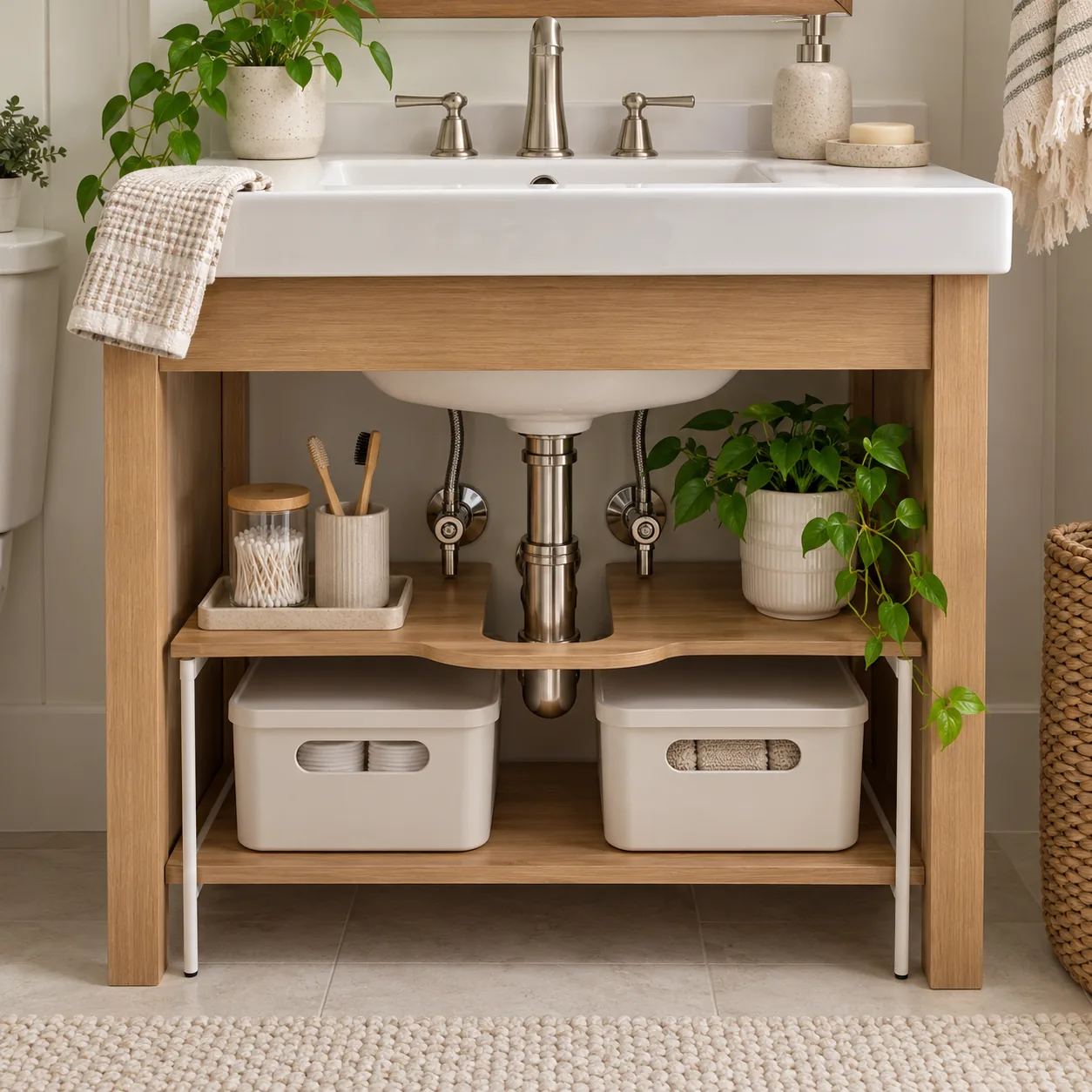 Lavabo borularının çevresinde taşınabilir raf ve çıkarılabilir kutular
