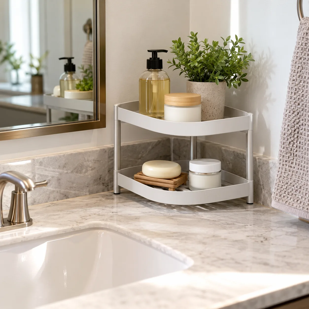 Küçük lavabo tezgâhında ayaklı iki katlı bakım ürünü düzenleyicisi