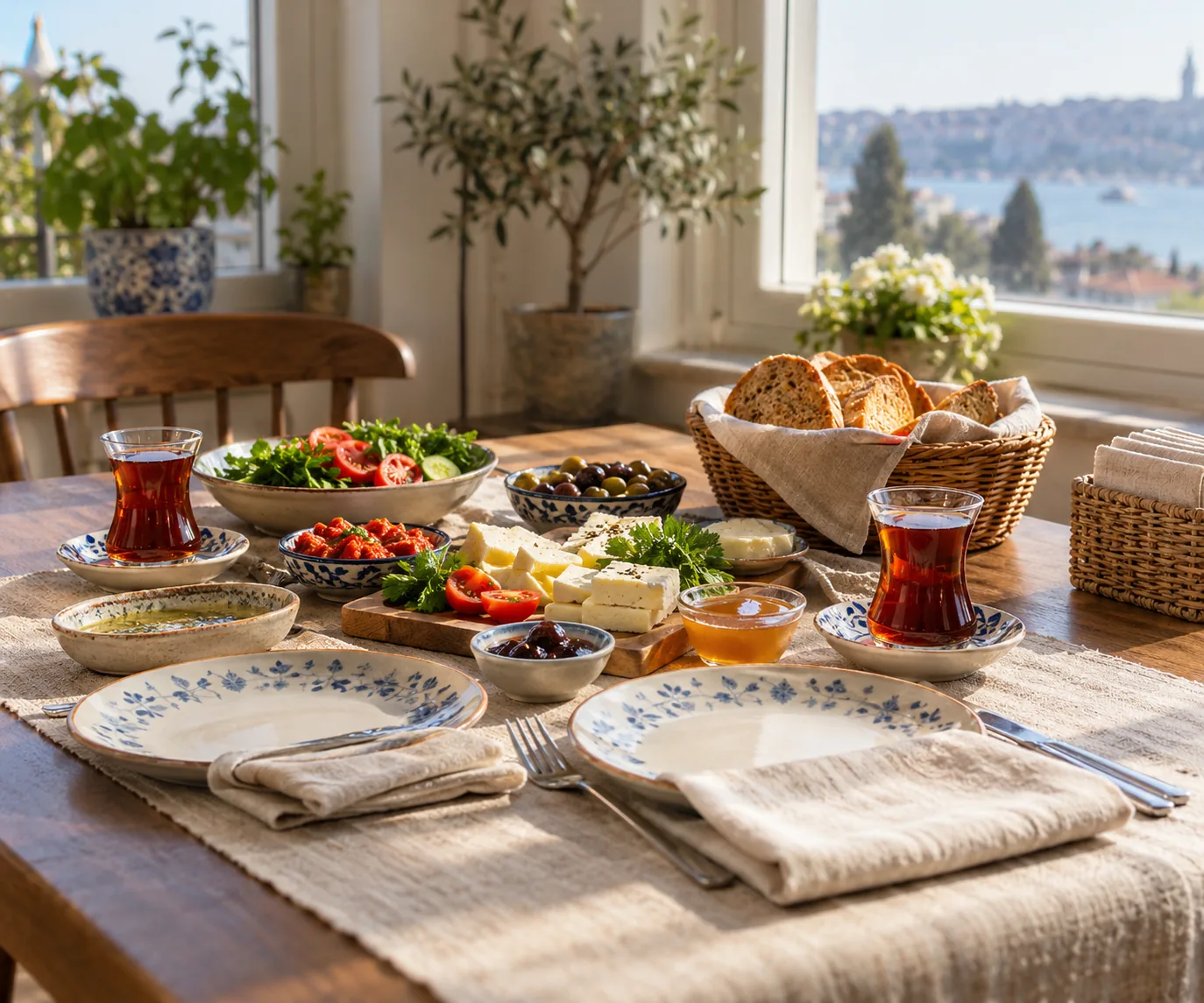 İki kişilik kahvaltı sofrasında tabakların yanında katlanmış bez peçeteler
