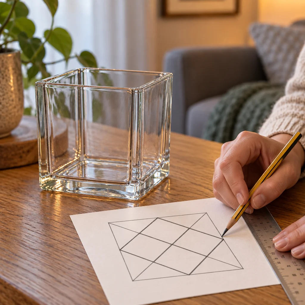 Kare cam kap için kâğıda geometrik desen şablonu çizme