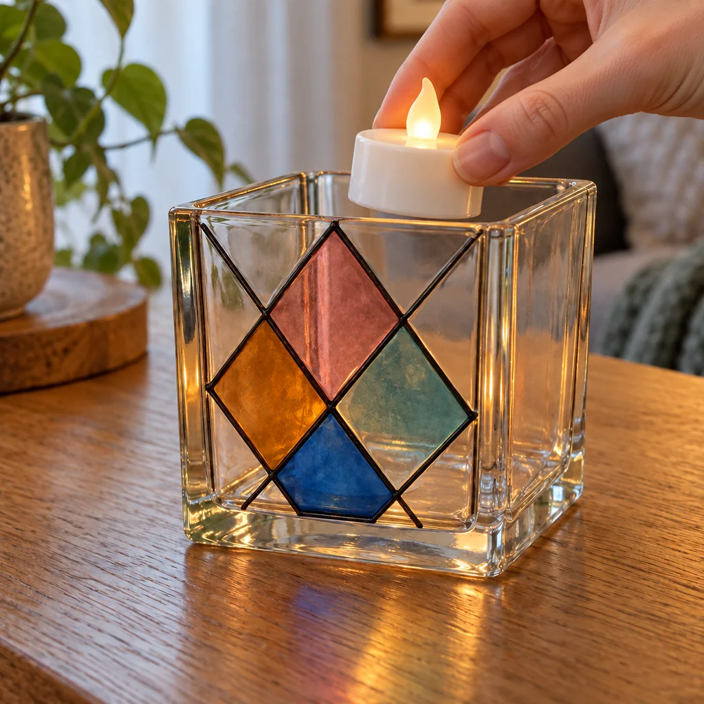 Pilli LED tealight ışığı boyalı cam kabın içine yerleştirme