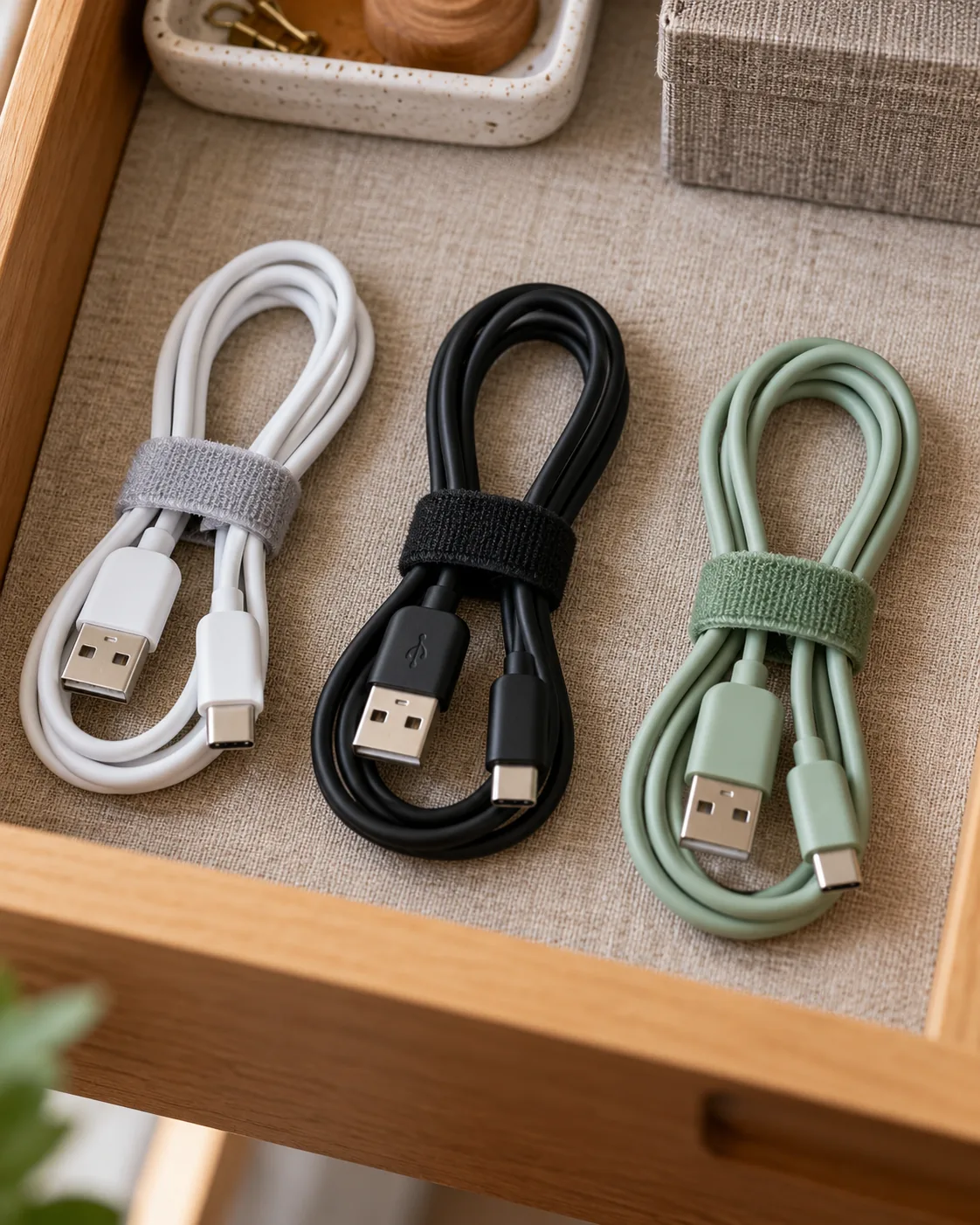 Çekmecede gevşek halkalar halinde, cırt cırt şeritlerle tutulan üç USB kablosu
