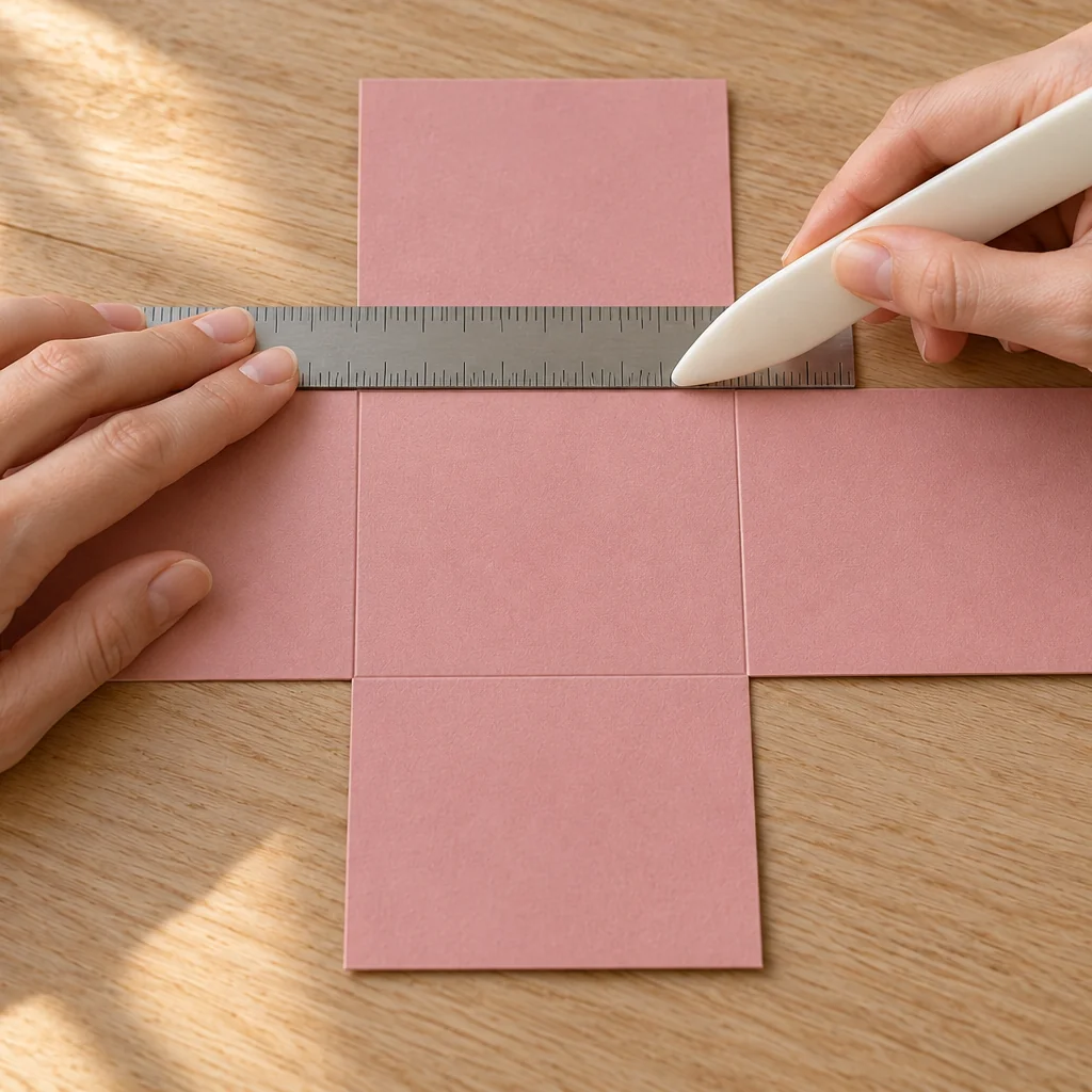 Pembe artı biçimli kartonun orta karenin kenarlarından katlanması için iz açma