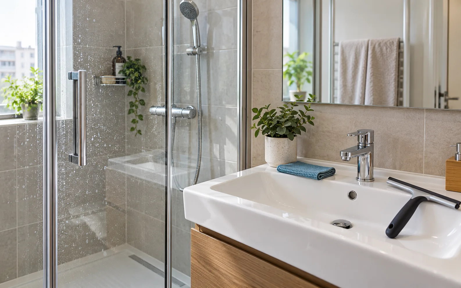Duşakabin camı ve seramik lavabo için ayrı temizlik alanları