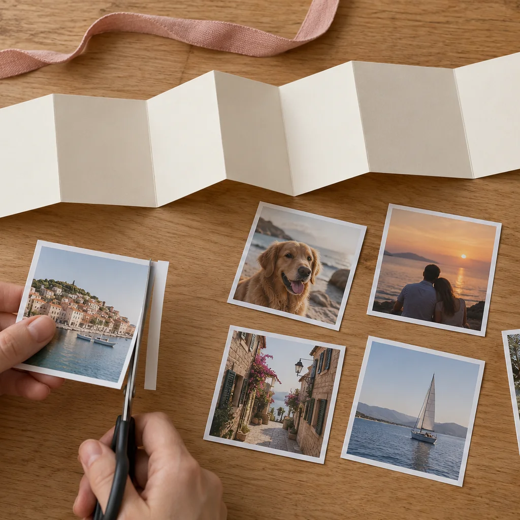 Altı küçük fotoğrafı kare karton panellere uygun boyda kesme