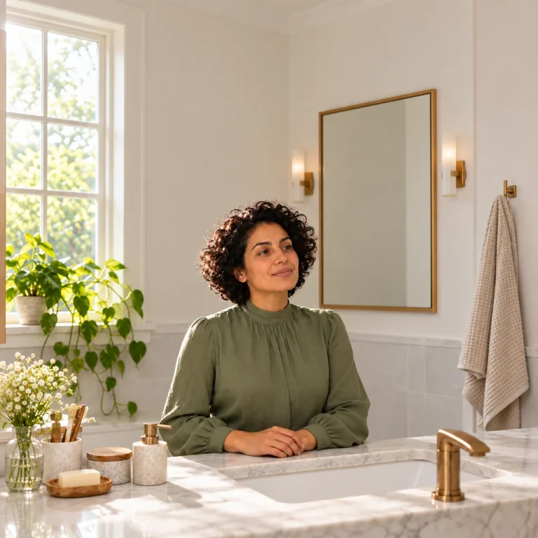 Sade günlük cilt bakımı için hazırlanmış temiz lavabo önü