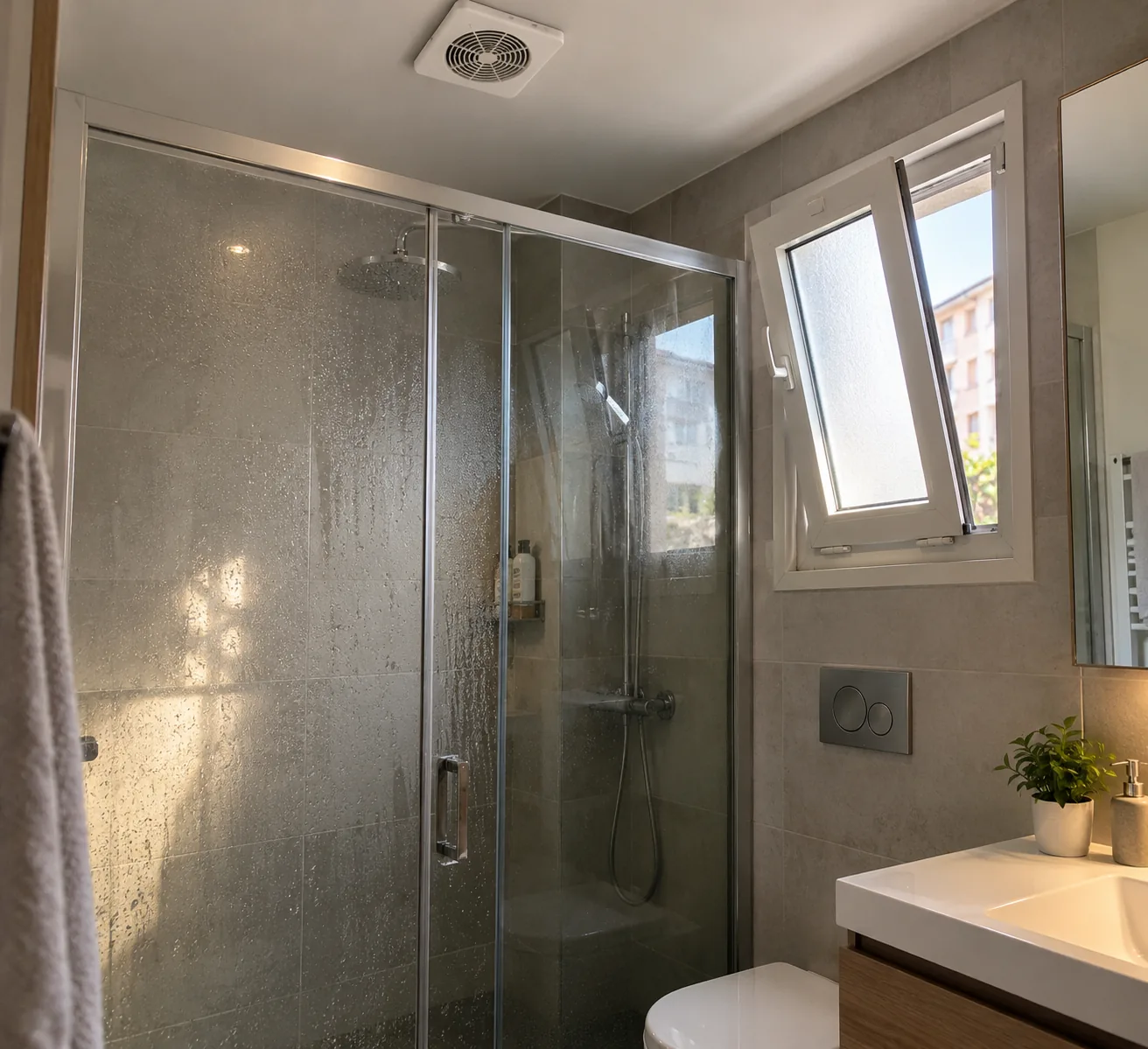 Duşakabini, açık penceresi ve tavan aspiratörü görünen küçük banyo