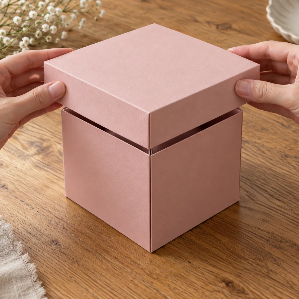 Pembe kapağı kapanmış sürpriz kutunun üzerine deneme