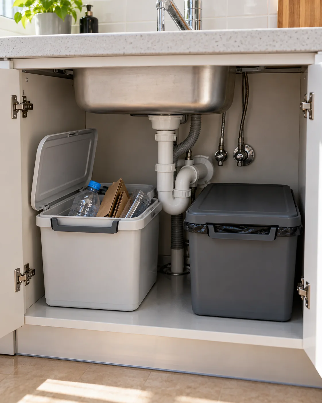 Lavabo altındaki dolapta geri dönüştürülebilir ambalaj ve günlük çöp için iki ayrı kap