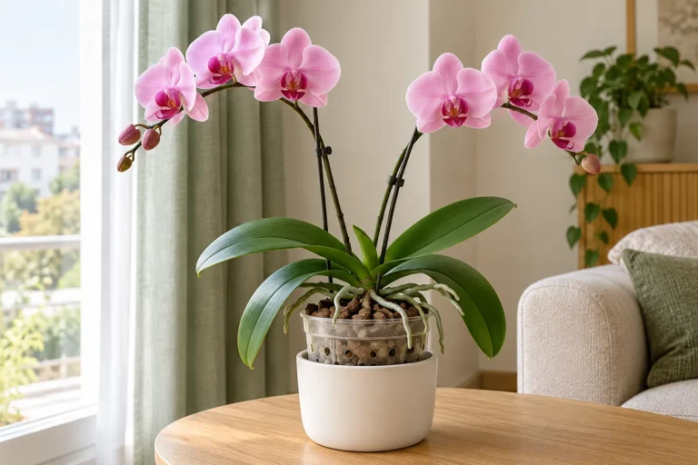 Dolaylı ışık alan pencerede pembe Phalaenopsis orkidesi