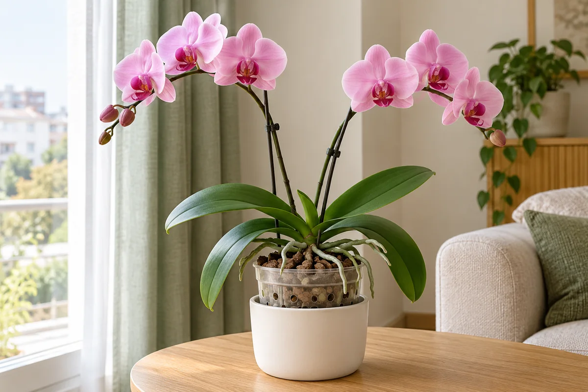 Dolaylı ışık alan pencerede pembe Phalaenopsis orkidesi