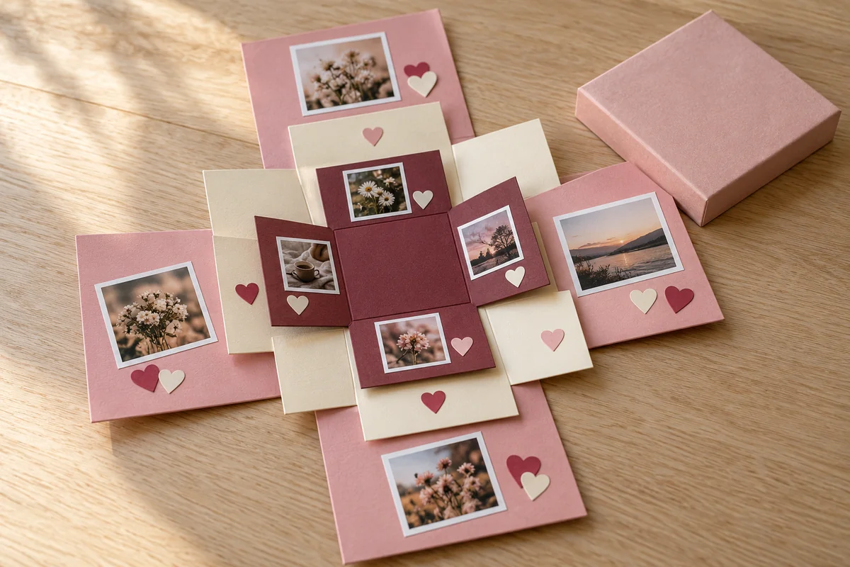 Açılmış pembe, krem ve bordo katlı fotoğraflı sürpriz kutu