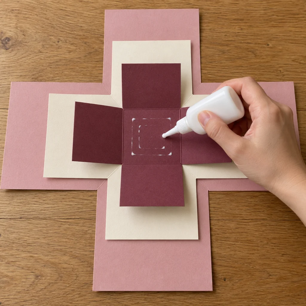 Üç katı pembe, krem ve bordo sırasıyla merkezleri üst üste gelecek biçimde yerleştirme