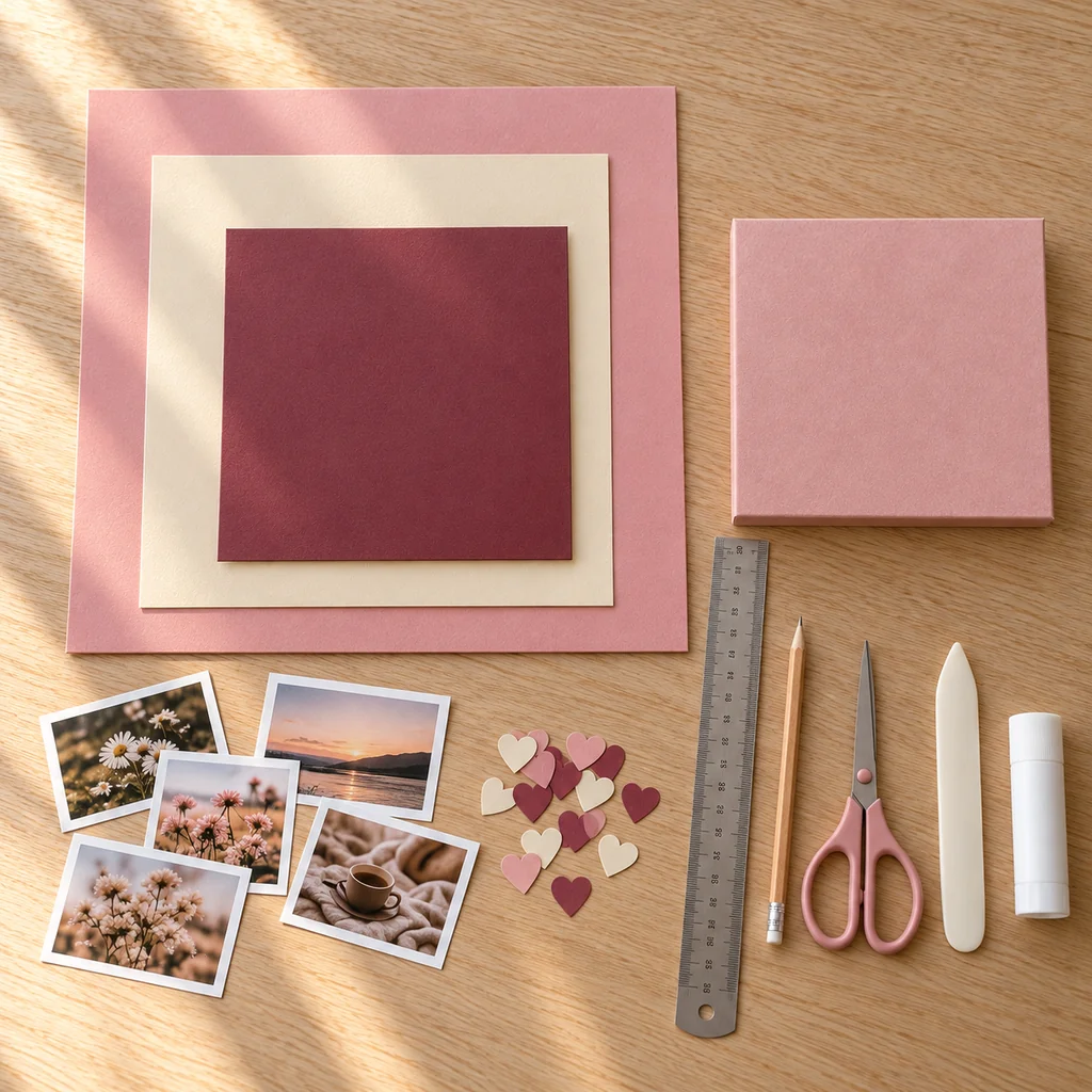 Pembe, krem ve bordo kartonlar ile kutu yapım araçları