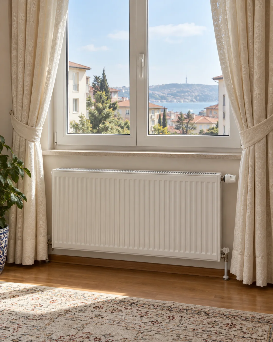 Pencere altındaki peteğin iki yanında toplanmış uzun perdeler ve açık kalan petek önü