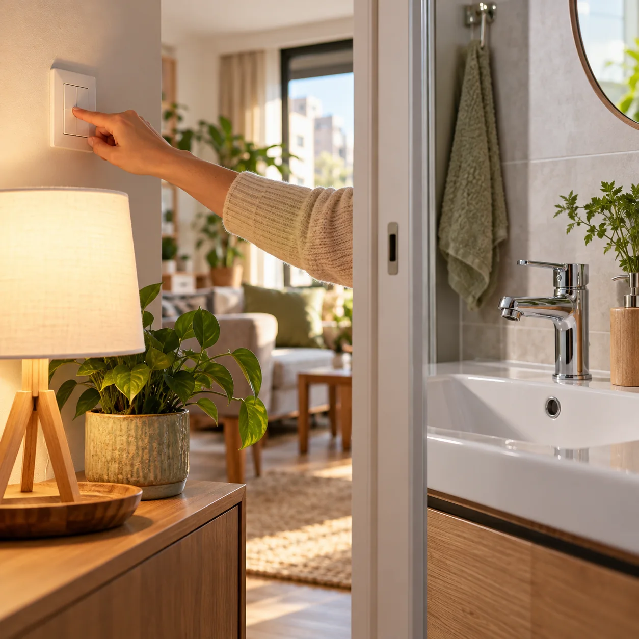 Evde kapatılan ışık anahtarı ve kapalı banyo musluğu