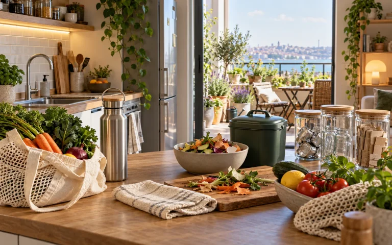 Sıfır atık alışkanlıklarını gösteren ev mutfağı