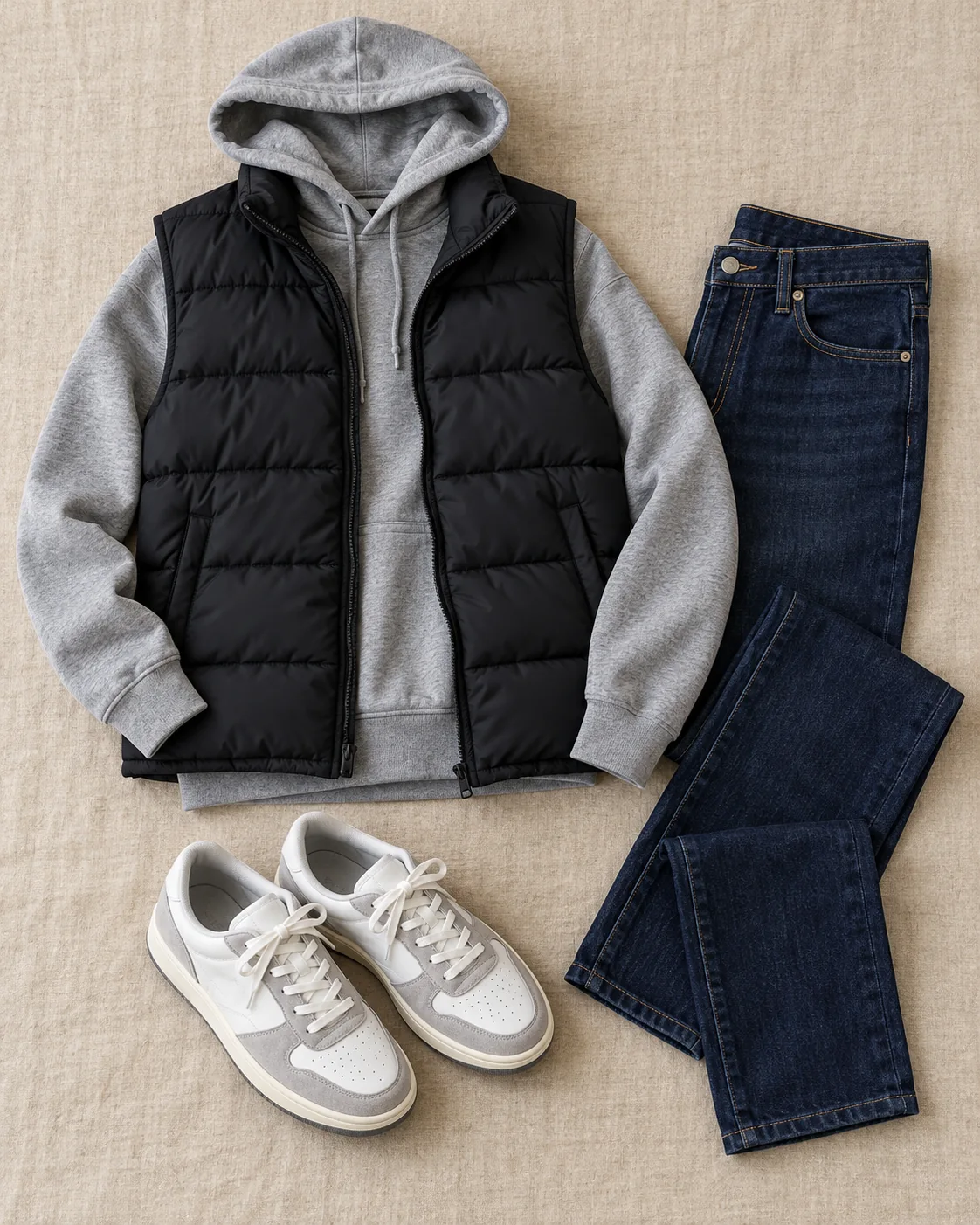 Siyah şişme yelek, gri kapüşonlu sweatshirt, koyu kot ve spor ayakkabı